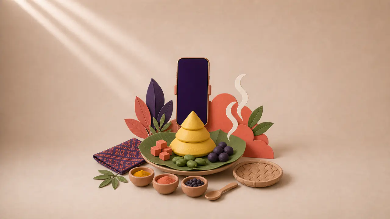 Miniatur tanah liat: ponsel tegak, tumpeng nasi kuning bertingkat, piring daun pisang, mangkuk bumbu, dan sendok kayu